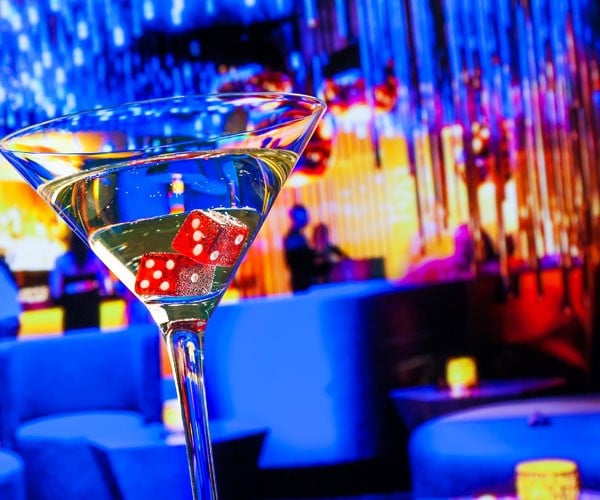Martini glass at a Las Vegas bar with 2 dice in the bottom