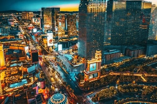 Nightime aerial shot of the Las Vegas strip